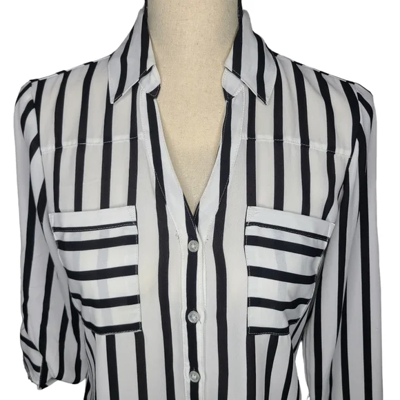Express White and Black Striped Roll Tab Sleeve Button Front Blouse - Picture 2 of 7